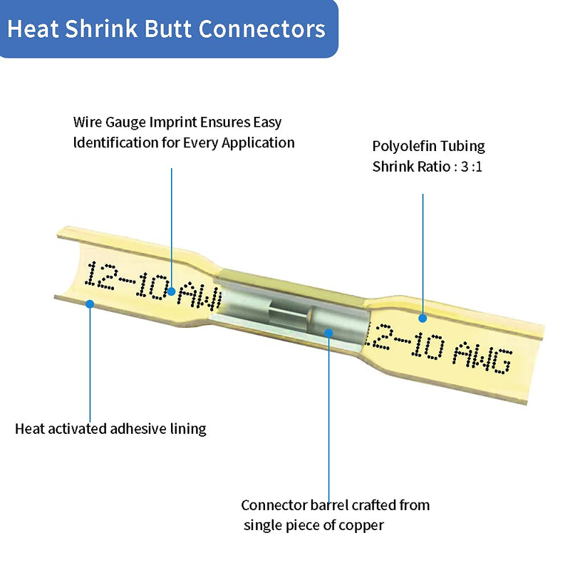 50 Pcs Yellow Heat Shrink Butt Connectors, 12-10 AWG Waterproof Crimp Terminals Electrical Wire Connectors Splice for Marine, Cable, Wiring