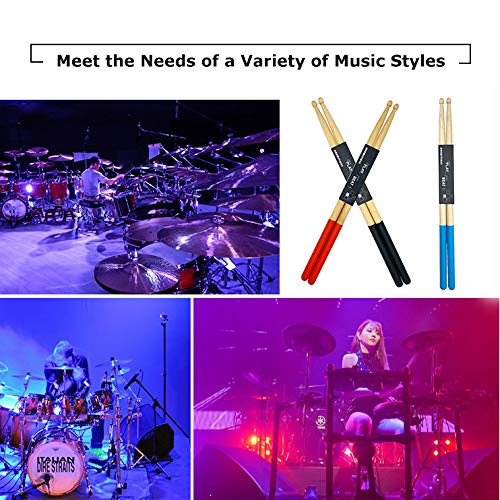 3 Pairs Drum Sticks with Non-Slip Rubber Handle, FutGlobal 5A Maple Drumsticks- Black, Red, Blue