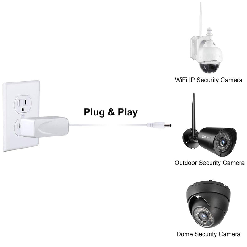 Dericam 12V 1A DC Power Supply Adapter for IP/CCTV Security Camera, 5ft/1.5 Meter AC to DC Power Cord, Wall Charger, Output DC 12V 1000mA, Input AC 100V-240V/50 or 60Hz/0.4A Max, US Plug, White