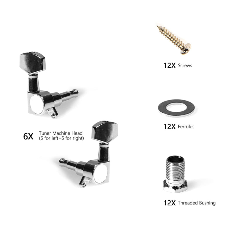 Cheerock 12Pcs Guitar String Tuning Pegs Tuner, Silver Machine Heads Knobs for Electric & Acoustic Guitar 6L 6R
