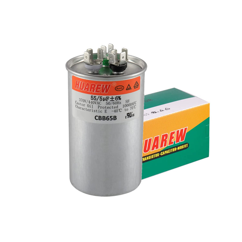 HUAREW 55+5 uF ±6% 55/5 MFD 370/440 VAC CBB65 Dual Run Start Round Capacitor for Condenser Straight Cool or Heat Pump Air Conditioner or AC Motor and Fan Starting