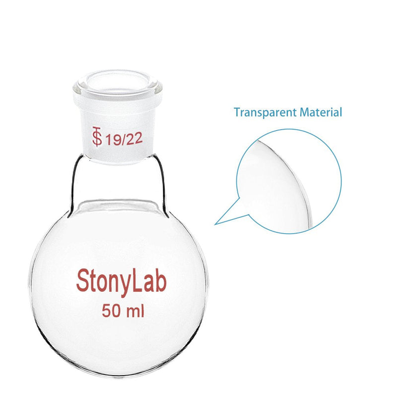 StonyLab Glass 50mL Heavy Wall Single Neck 1 Neck Round Bottom Flask RBF, with 19/22 Standard Taper Outer Joint - 50mL 50 ml