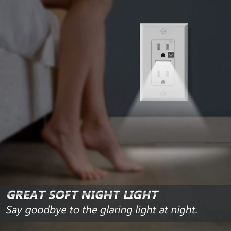 SOZULAMP Decorator Receptacle Outlet with LED Night Light,15A 125V,2 Pole 3 Wire,Tamper Resistant(TR) Electrical Standard Wall Outlets with Nightlight (4 Pack,White) Tamper Resistant White 4