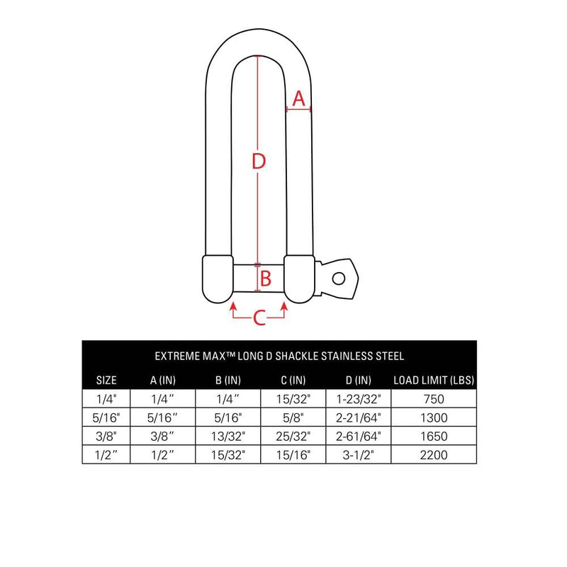 Extreme Max 3006.8207 BoatTector Stainless Steel Long D Shackle - 3/8" 3/8" Each