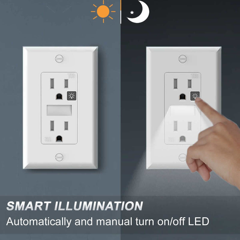 SOZULAMP Decorator Receptacle Outlet with LED Night Light,15A 125V,2 Pole 3 Wire,Tamper Resistant(TR) Electrical Standard Wall Outlets with Nightlight (4 Pack,White) Tamper Resistant White 4