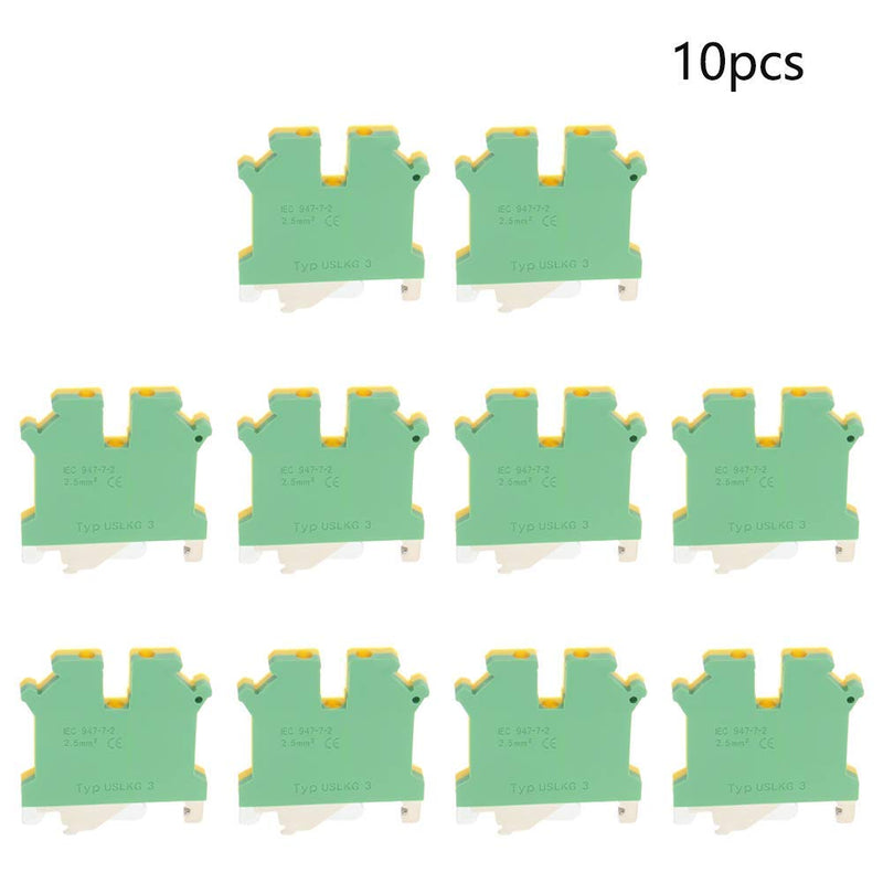 Fielect 10Pcs 0.2-2.5mm2 USLKG3 DIN Rail Mount Grounding Terminal Block DIN Rail Terminal Blocks Screw Clamp Connector DIN Rail Mount Kit, 800V 34A, Yellow-Green