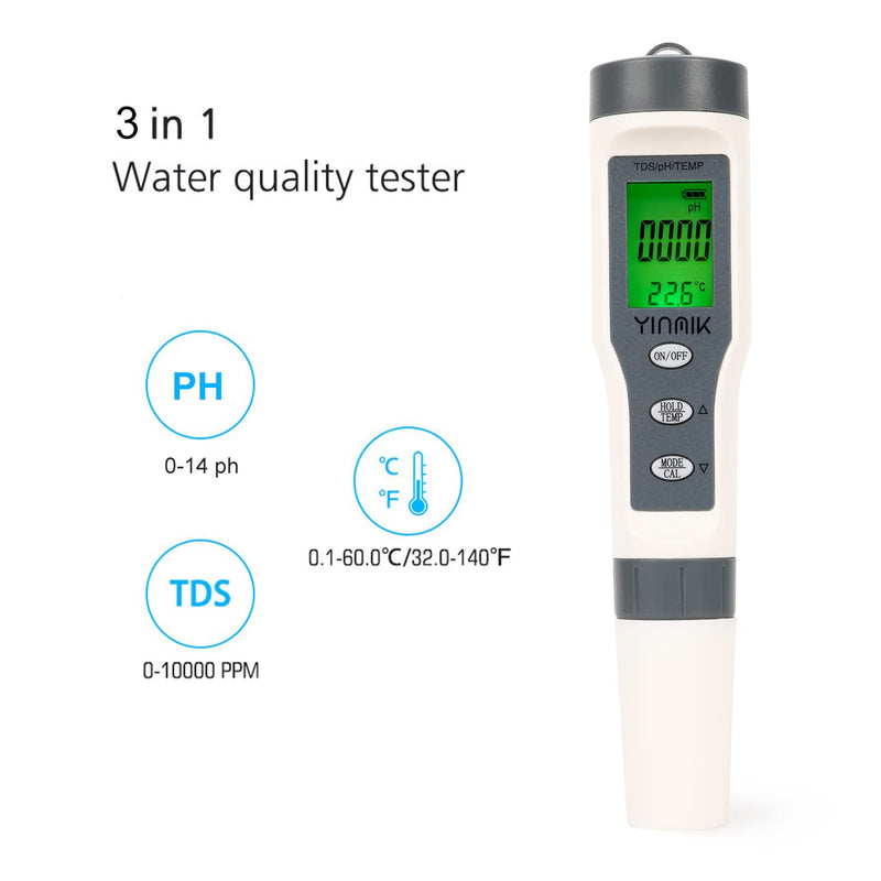 YINMIK Water Quality Tester, Digital TDS PH Temperature Meter 3 in 1, 0.01 PH High Accuracy 0-14 PH Measurement Range, 0-19990 PPM, PH Pocket Tester for Drinking Water, Pools and Aquariums