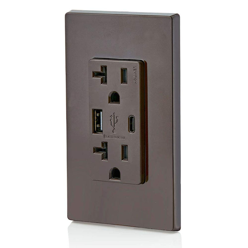 Leviton T5833-B 20-Amp Type-C USB Charger/Tamper Resistant Receptacle, Brown