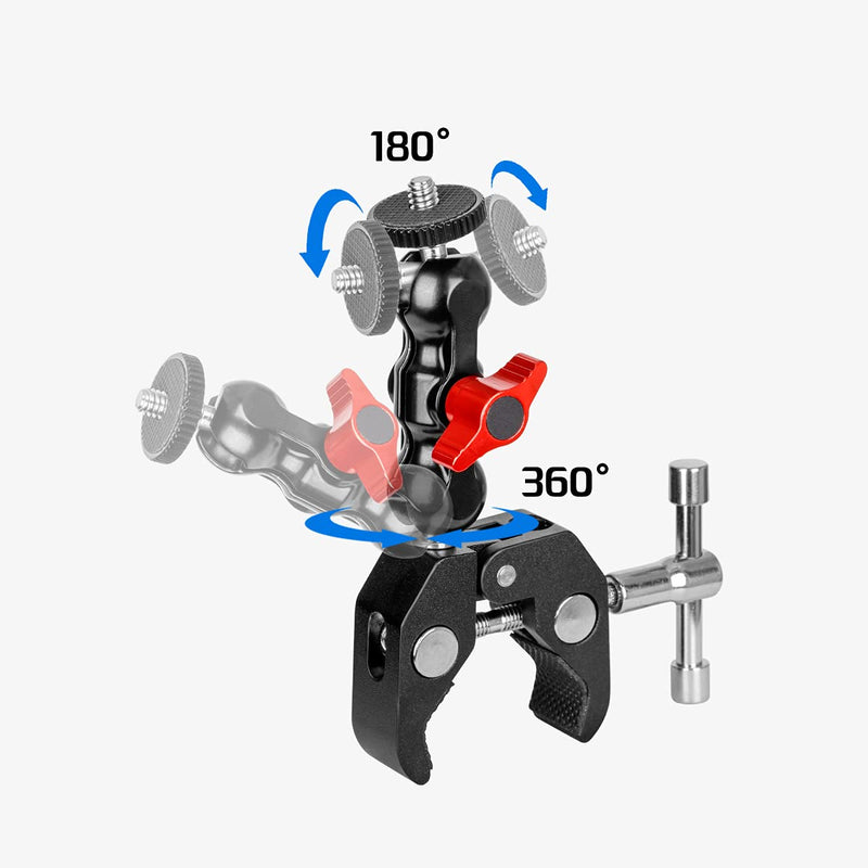 Multi-Function Camera Mount Clamp with 360° Ballhead Arm,Magic Arm Mount Bracket for DSLR Camera/Field Monitor/LED Ball Arm-Red
