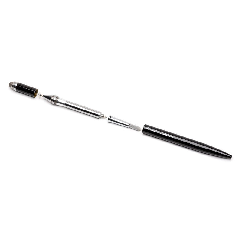 Capacitive 4-in-1 Stylus Pen with Replaceable Brush, Fiber Tip, Precision Disc + Ballpoint Pen in Box, by The Friendly Swede Black