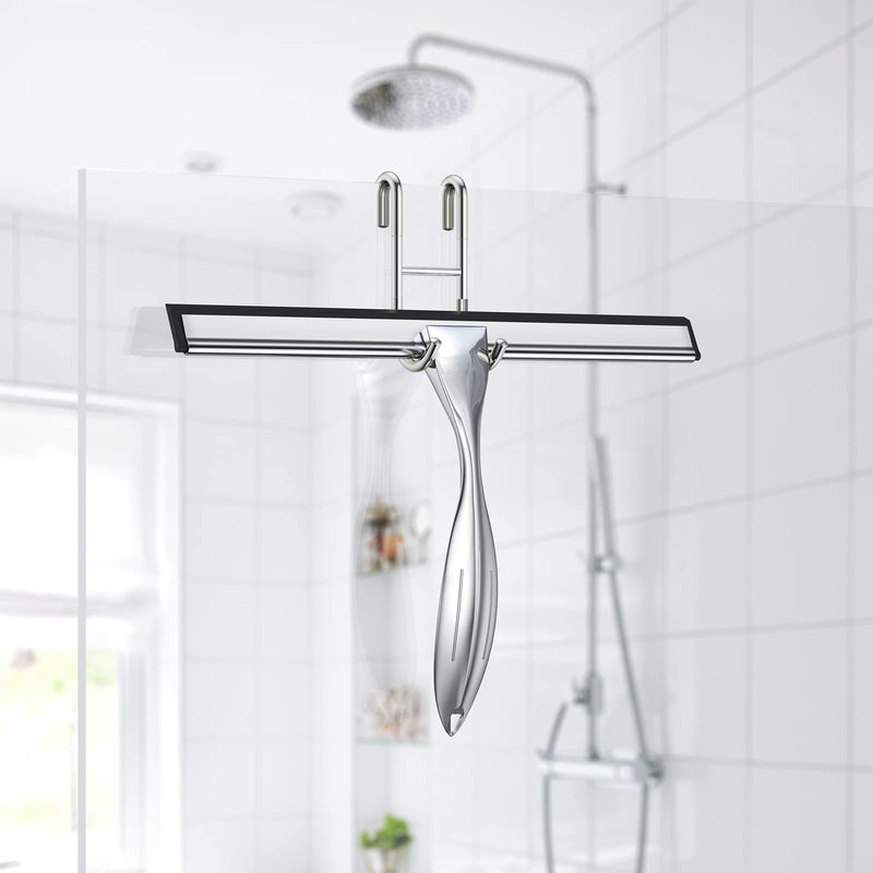 Shower Squeegee for Glass Door 12-Inch Stainless Steel Bathroom Squeegee Window Wiper, Includes Shower Door Hook, Adhesive Hook, and Spare Silicone Blade for Window Mirror Car All-Purpose Squeegee Silver