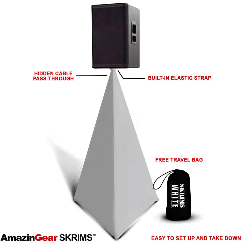 Amazin Gear SKRIMS Speaker Stand Cover 3-Sided Tripod Scrim White 360 Degree DJ Skirt with Cable Management Pass-Thru and Travel Bag