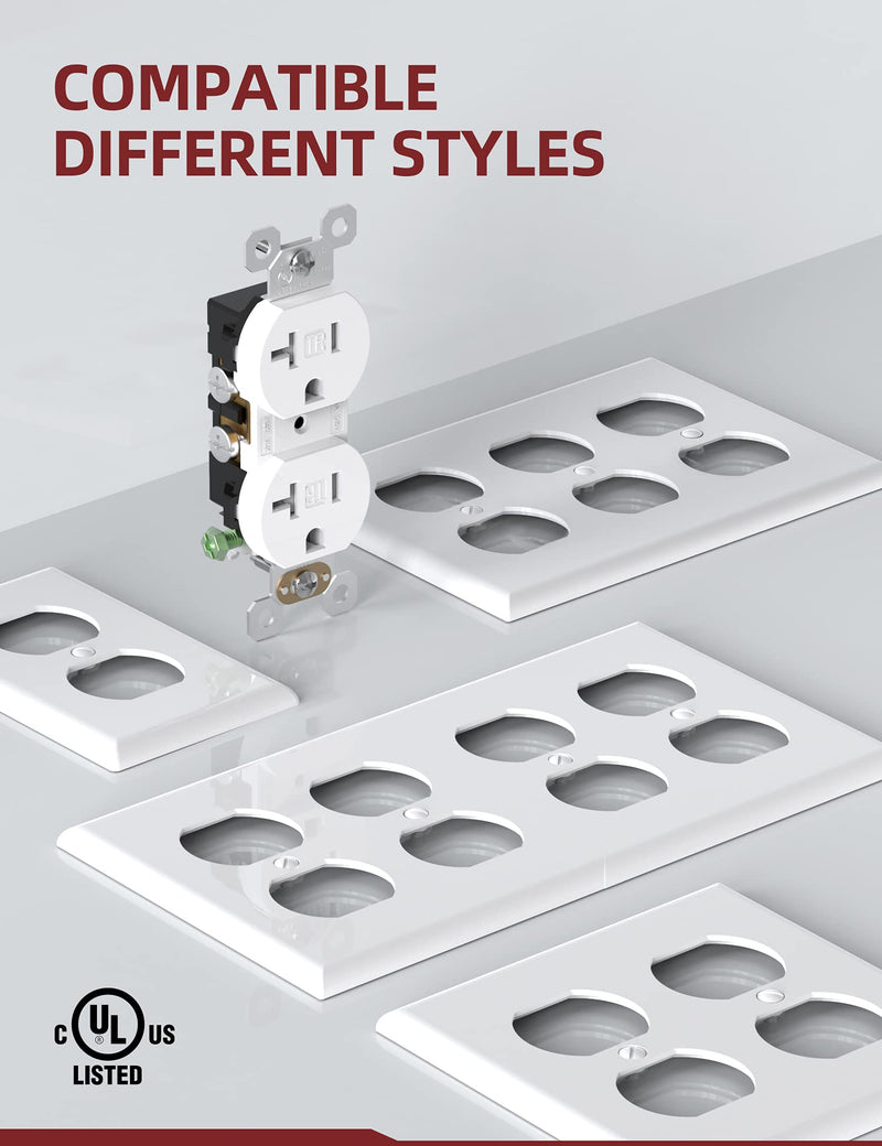AIDA Duplex Electrical Receptacle Outlets, 20Amp 125V Wall Outlet, Residential, TR, 3-Wire, Self-Grounding, UL Listed, Push & Side Wire, White (10 Pack)