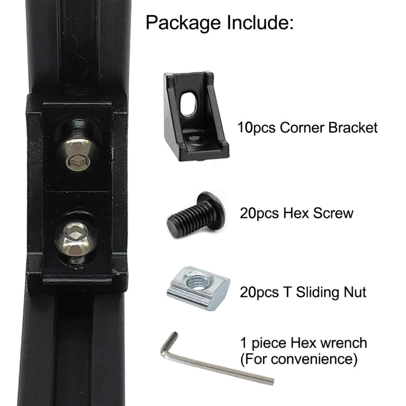 10Sets Black 2020 Series Aluminum Profile Connector Set, 10pcs Corner Bracket, 20pcs T Nuts and Hex Screw Bolt for Slot 6mm 20S Aluminum Rail Accessories