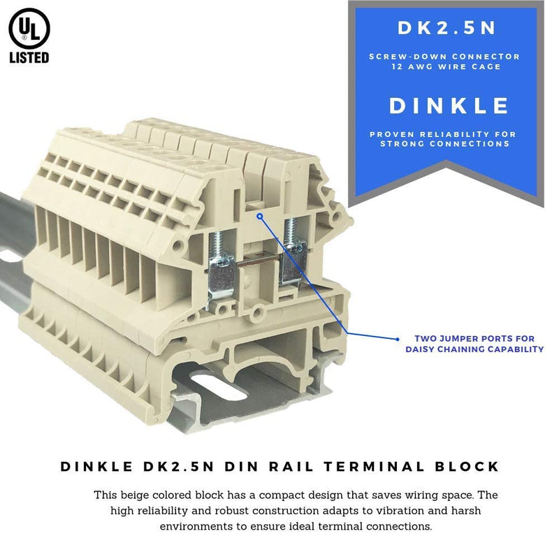 Dinkle DK2.5N DIN Rail Terminal Block Beige Screw Type UL 600V 20A 12-22AWG, Pack of 50