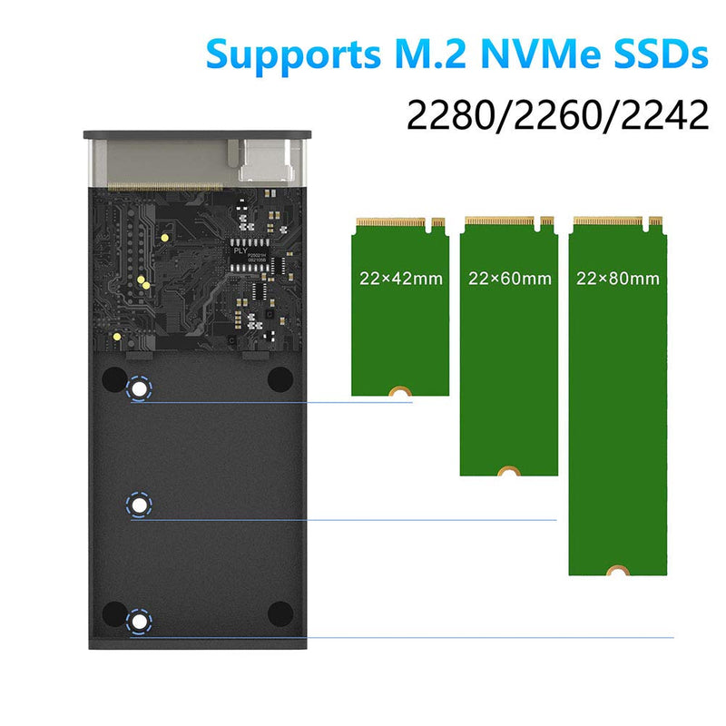 M.2 NVME SSD Enclosure Adapter Tool-Free, USB C 3.1 Gen 2 10Gbps to NVME PCIe M-Key(B+M Key) Solid State Drive External Enclosure Support UASP Trim for SSD Size 2242/2260/2280 JMS583 NVMe Protocol