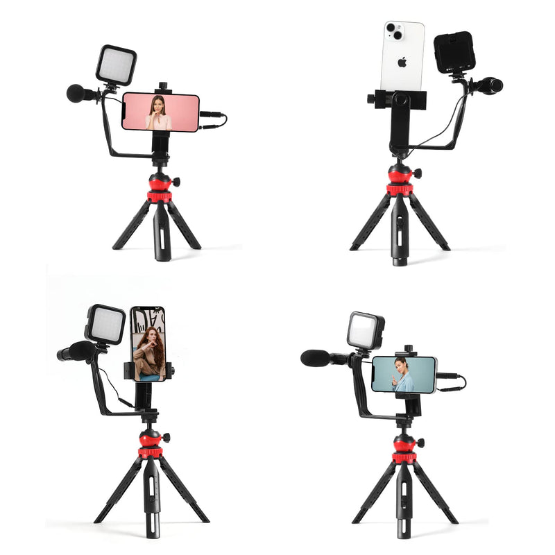 Vlogging Kit for iPhone Android: YouTube Starter Kits Vlog Video Recording Equipment - Accessories: Phone Tripod, Phone Mount, LED Light and Microphone - Black