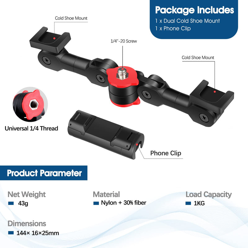 ChromLives Cold Shoe Mount Adapter with Phone Clip,Rotatable Dual Cold Shoe Extension Bracket Hot Shoe Mount Adapter for Led Light/Microphone Red