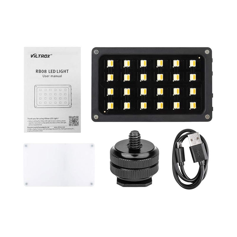 Viltrox RB08 Portable LED Fill-in Video Light Lamp 24pcs Beads Adjustable Brightness 2500K-8500K CRI 95+ with Display Screen Diffuser USB Charging Cable Hot Shoe Adapter for Studio Photography