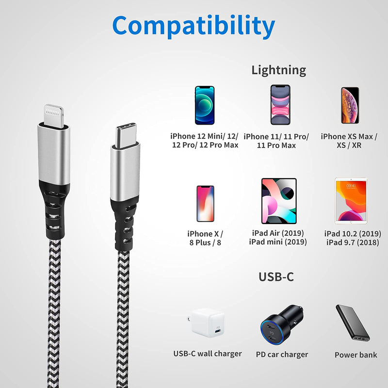 iPhone Charger 10 ft, Deegotech [MFi Certified] USB C to Lightning Cable, Long Nylon Braided iPhone 13 Charging Cord Compatible with iPhone 13 Pro Max/13 Pro/13/12 Pro Max/12/11 Airpods (3m) 10ft Black&Silver