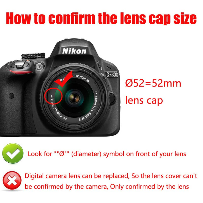 D5200 Lens Cap (52mm), for Nikon D5300 D5200 D3300 w/AF-S DX 18-55mm f/3.5-5.6G VR Lens (3 Sets)