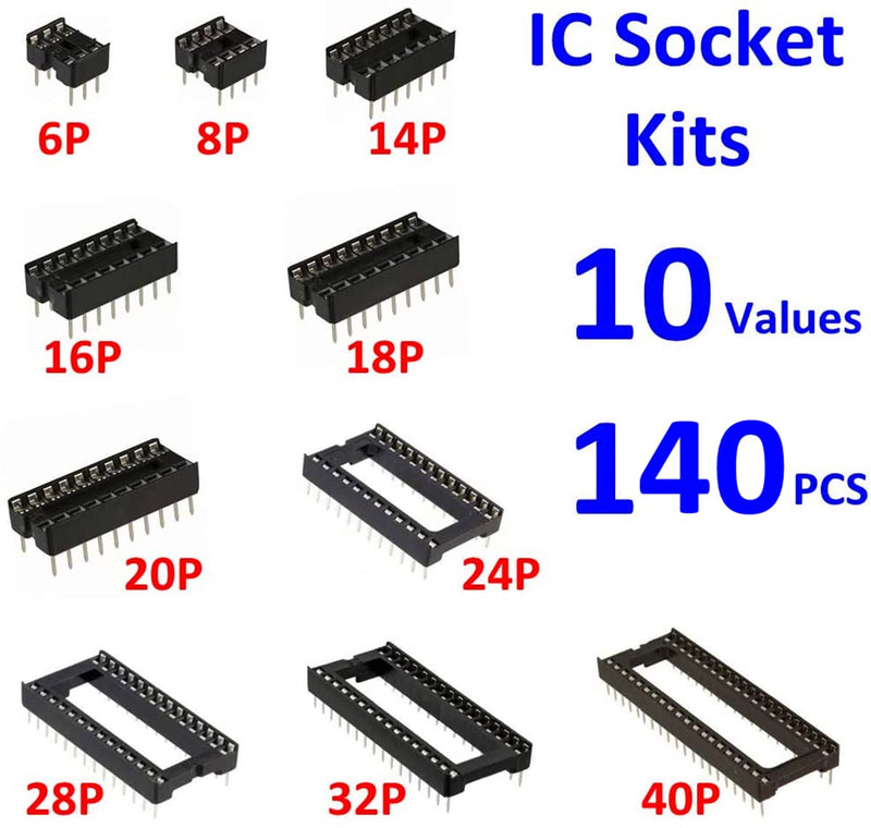 [Upgraded] MOONLIGHT IC Socket Kit 10 values 6 8 14 16 18 20 24 28 32 40Pin Total 140pcs Adapter Solder Type 2.54mm DIP for IC Transistor