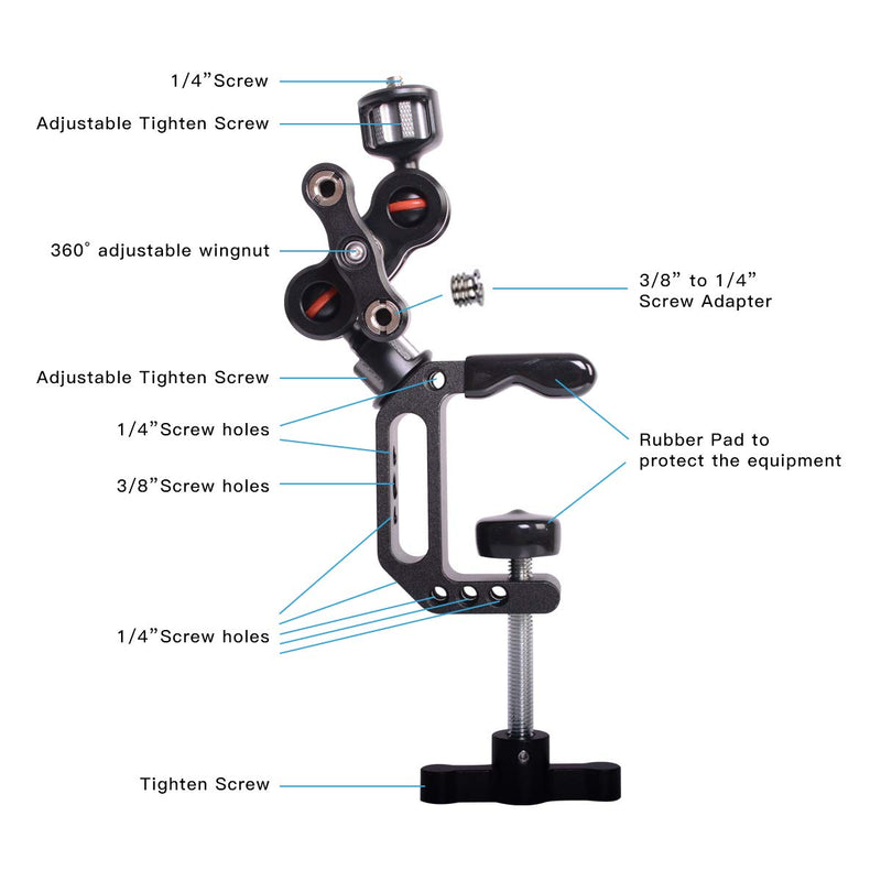 Adjustable Articulating Camera Clamp Action Camera Bike Mount Compatible with Monitor LED Action Camera Gopro 7 OSMO Action DSLR Canon Nikon Sony