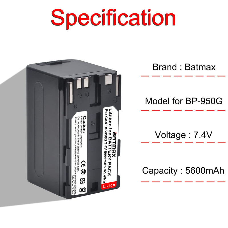 Batmax Built-in USB Port 5600mAh BP-950G Li-ion Battery for Canon BP-911,BP-914, BP-915, BP-930R, BP-941, BP-945, BP-950, BP-950G, BP-970, BP-970G, 955, 975 and Canon XL1 XL1S XL2 GL1 GL2 XF305 More