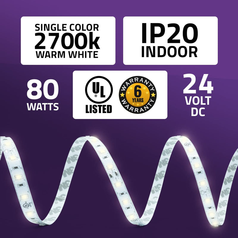 Hitlights 24V LED Strip Lights, LED Tape Light, Bright 2700K Warm White LED Lights, 26.2ft, UL Listed - Fire and Electrical Safety, 6 Years Warranty, 1325Lumen/m, IP20 for Indoor Use Indoor Use 2700K 480LED