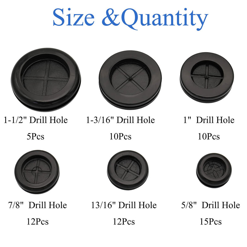 [AUSTRALIA] - Didamx 65Pcs 6 Sizes Rubber Grommet Double Side Round Rubber Hole Plug Kit, Drill Hole 5/8" 13/16" 7/8" 1" 1-3/16" 1-1/2" 