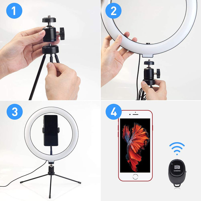 LED Ring Light 10" selfie with Tripod Stand & Phone Holder for Live Streaming & YouTube Video, Dimmable Desk Ring Light for Photography, Shooting with 3 Light Modes & 10 Brightness Level,Self-Portrait