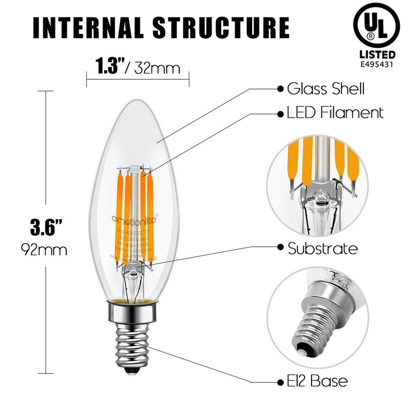 LED Light Bulbs, Emotionlite Dimmable Candelabra Bulbs, E12 Base, Warm White, Chandelier Light, Ceiling Fan Bulb, 40W Equivalent, 4W, 2700K, 350LM, UL Listed, 6 Pack 2700K Warm White E12 Base/ 6Pack