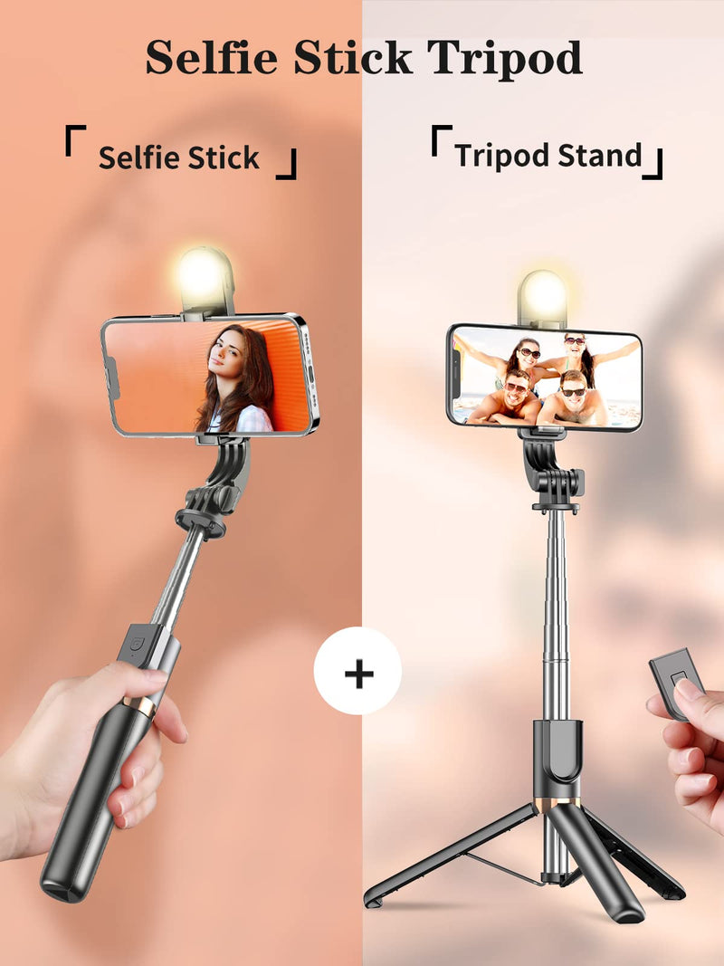 [AUSTRALIA] - Selfie Stick Tripod with Detachable Wireless Remote, Extendable Selfie Stick Tripod with LED Fill Light, for iPhone 13/13 Pro/12/11/11 Pro/XS Max/XS/XR/X/8/7 and Android Smartphone Black-46in 