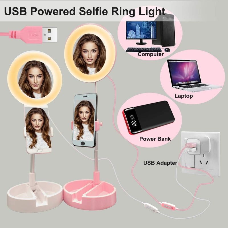 USB 6.3'' Portable Ring Light 3 Color Modes and 10 Brightness Foldable Makeup Light with Mirror, Stand and Phone Holder for Vlogging YouTube Video Shooting Make up (White) White