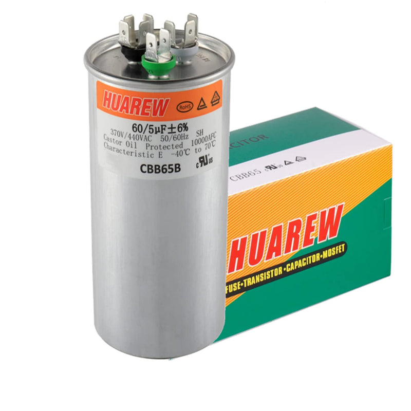 HUAREW 60+5 uF ±6% 60/5 MFD 370/440 VAC CBB65 Dual Run Start Round Capacitor for Condenser Straight Cool or Heat Pump Air Conditioner or AC Motor and Fan Starting