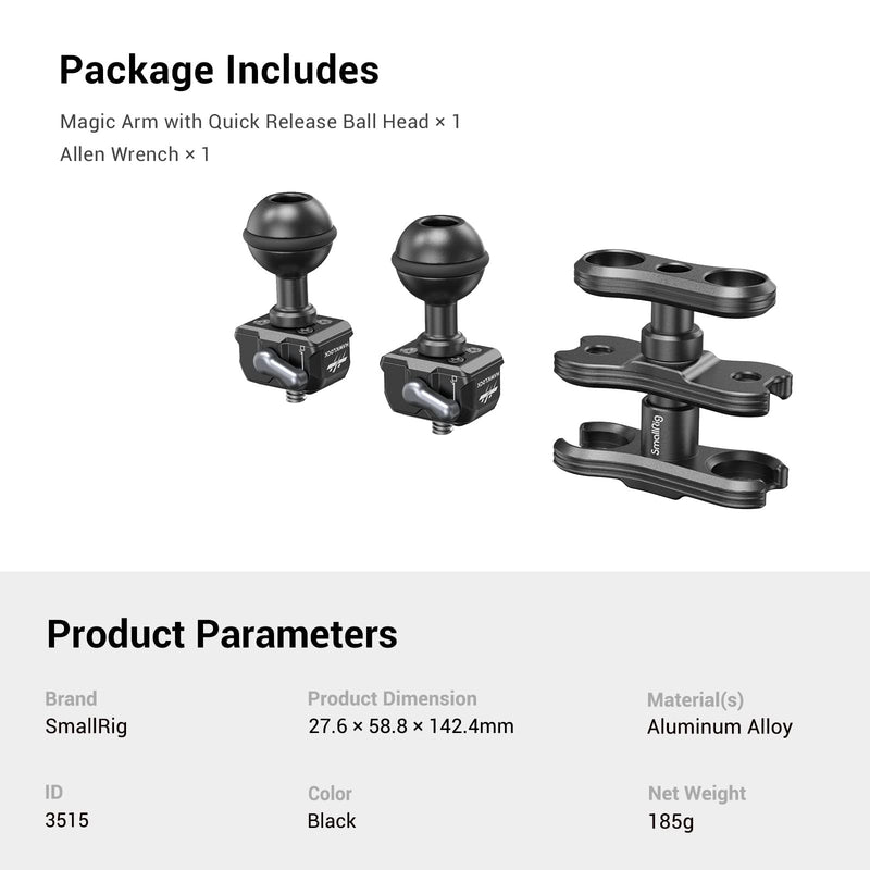 SmallRig HawkLock Dual Quick Release Ballhead Magic Arm 360° Rotation Articulating Magic Arm w 1/4"-20 Screw, Camera Mounting Adapter Holder for Canon DSLR, for Atomos Monitors, LED Lights - 3515