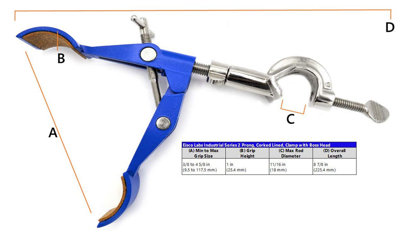 2 Prong, Cork Lined, Burette, Flask, Beaker Clamp on Swivel Bosshead - 4.3" Max Clamp Opening, Bosshead fits up to 18mm Rods - Zinc Alloy Clamp - Research, Industrial Laboratory Grade - Eisco Labs