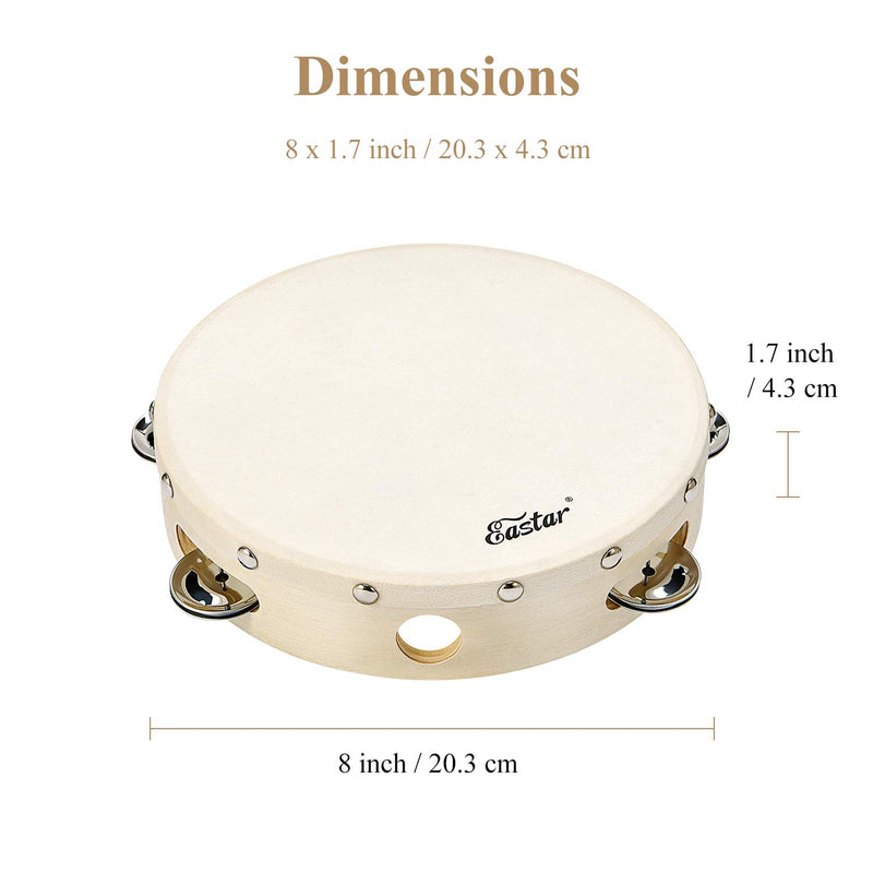 [AUSTRALIA] - Eastar Tambourine 8" Single Row Jingle Tambourine for Adults Kids Wooden Tambourine Instruments for Church Percussion Musical Instrument Handbell Clap Drum 8'' 