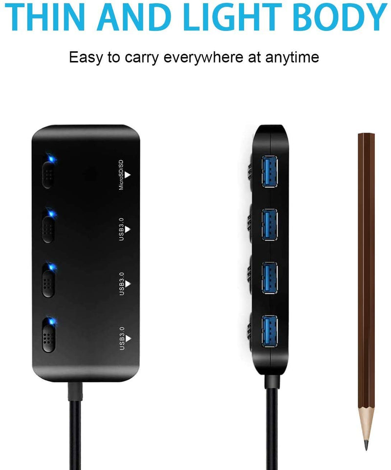 4-Port USB 3.0 Hub with Individual Power Switches and Lights, High-Speed Data Hub Splitter Portable USB Extension Hub for PC Laptop and More
