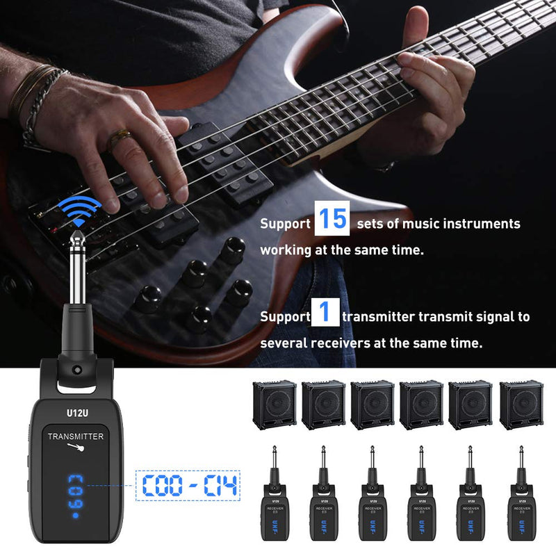 [AUSTRALIA] - UHF Wireless Guitar Transmission System Rechargeable 40 Channels Upgrated Audio Transmitter Receiver for Electric Guitar Bass Keyboard with Stereo Jack Cable Adapter 