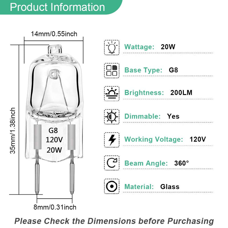 G8 Light Bulbs 20 Watt 120 Volt TAIYALOO Dimmable Halogen Light Bulb G8 Base Bi-Pin Shorter 20W T4 JCD Warm White Under Cabinet Puck Lighting Replacements,12 Pack 20.0 Watts