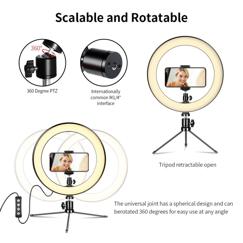 Selfie Ring Light with Tripod Stand and Phone Holder Desktop,Dimmable 10" LED Mini Camera Lighting for Makeup Live Streaming YouTube Video Photography… (10'' Light kit)