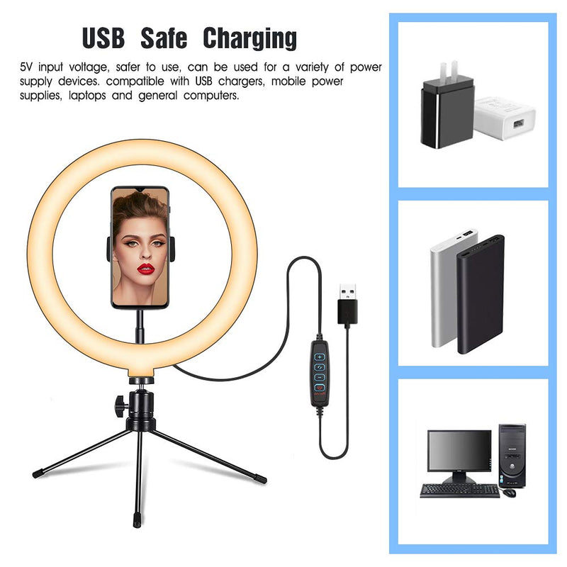 LED Ring Light 10" selfie with Tripod Stand & Phone Holder for Live Streaming & YouTube Video, Dimmable Desk Ring Light for Photography, Shooting with 3 Light Modes & 10 Brightness Level,Self-Portrait