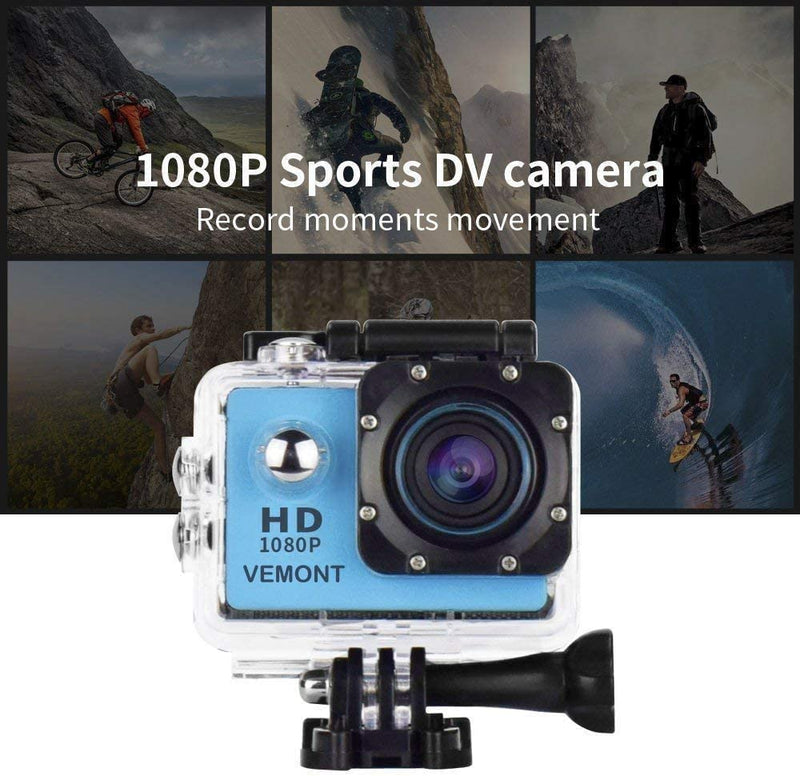 VEMONT Action Camera 1080P 12MP Sports Camera Full HD 2.0 Inch Action Cam 30m/98ft Underwater Waterproof Camera with Mounting Accessories Kit Blue