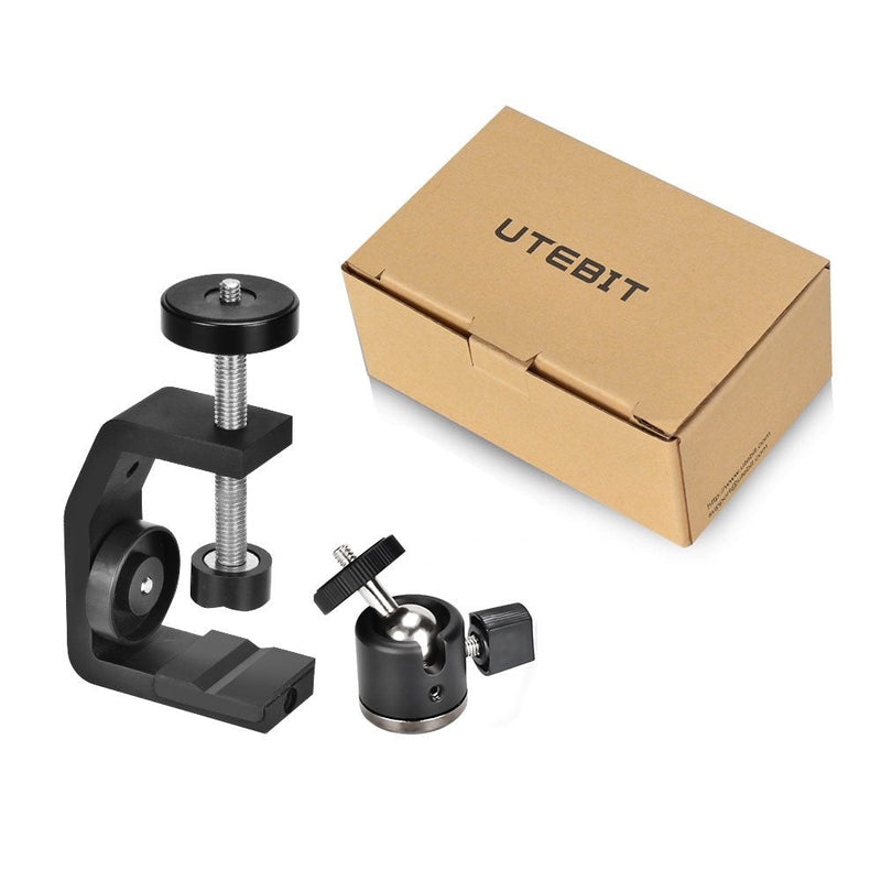 UTEBIT C Clamp with Tripod Head Adjustable Camera Clamp Mount Set for Desktop 360 Degree Swivel Mini Ball Head with Hot Shoe and 1/4 Screw Compatible for Canon Nikon DSLR Monitor