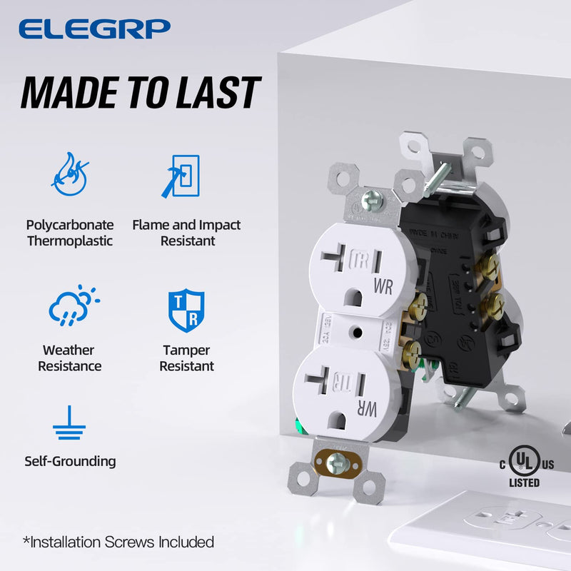 ELEGRP 20 Amp 125V Duplex Receptacle, Standard Electrical Wall Outlet, TR Tamper Resistant and WR Weather Resistant, 2 Pole 3 Wire, Self-Grounding, Residential Grade, UL Listed, Glossy White, 10 Pack Tamper/Weather Resistant