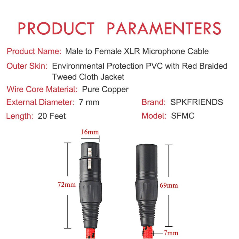 [AUSTRALIA] - 20ft Microphone Cable XLR Male to XLR Female Balanced Red Mic Cables by SPEAKFRIENDS C Series - 20 Feet 20feet 