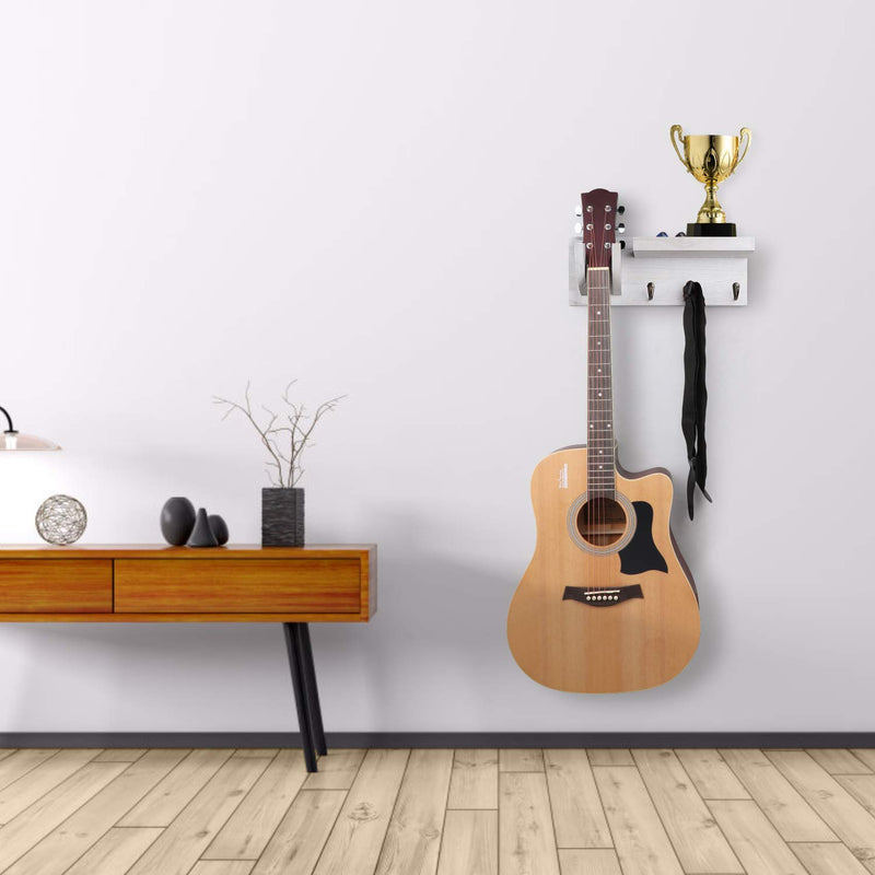 Bikoney Guitar Holder Wall Mount Bracket Hanger Guitar Wood Hanging Rack with Pick Holder and 3 Hook Vintage White