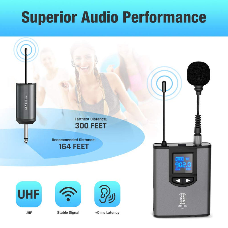 [AUSTRALIA] - UHF Wireless Microphone System Headset Mic/Stand Mic/Lavalier Lapel Mic with Rechargeable Bodypack Transmitter & Receiver 1/4" Output for iPhone, PA Speaker, DSLR Camera, Recording, Teaching 