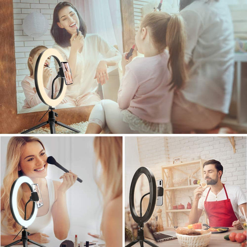 10.2" Selfie Ring Light with Adjustable Tripod Stand and Phone Holder,Dimmable Desk Makeup Ring Light with 3 Light Modes & 10 Brightness Level for YouTube,Video,Photography,Vlog,Live Streaming